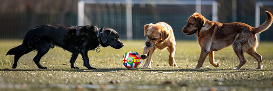 three dogs on a soccer field competing for a ball