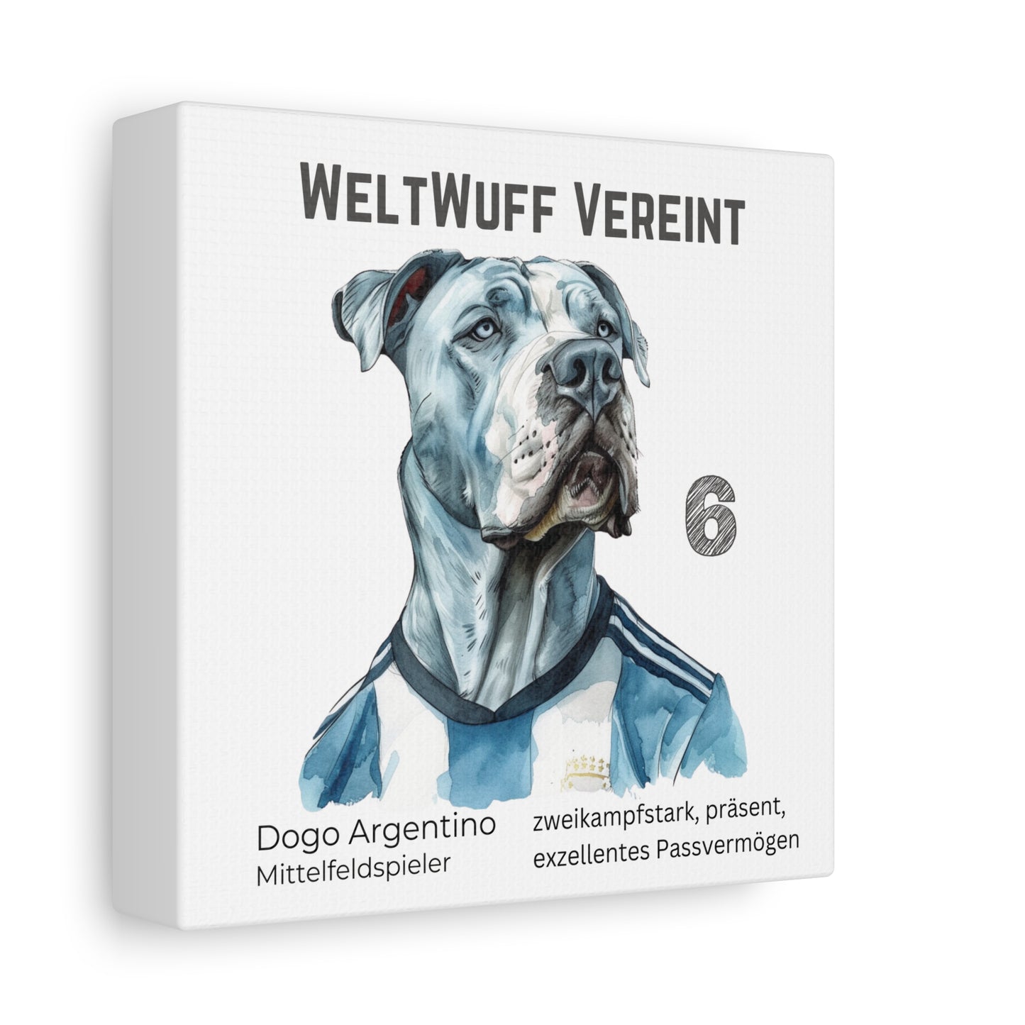 Leinwand Trikot eines Dogo Argentino Hund im Fußball Trikot Argentinien blau weiß