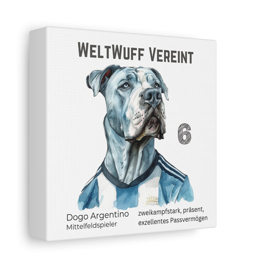 Leinwand Trikot eines Dogo Argentino Hund im Fußball Trikot Argentinien blau weiß