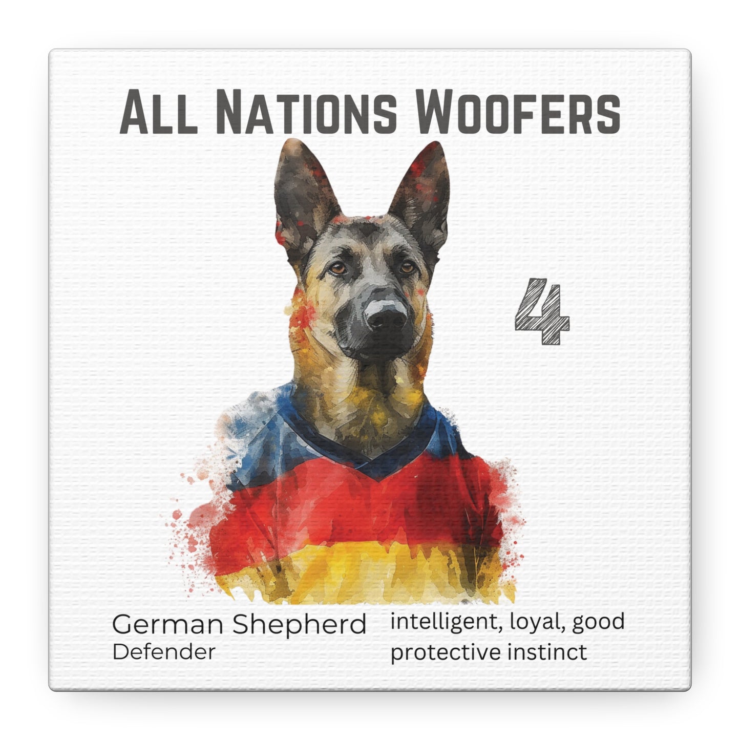 "All Nations Woofers" I Anpassbare Leinwand I Kreativer Ausdruck für Hundeliebhaber und Fußballfans I Deutscher Schäferhund