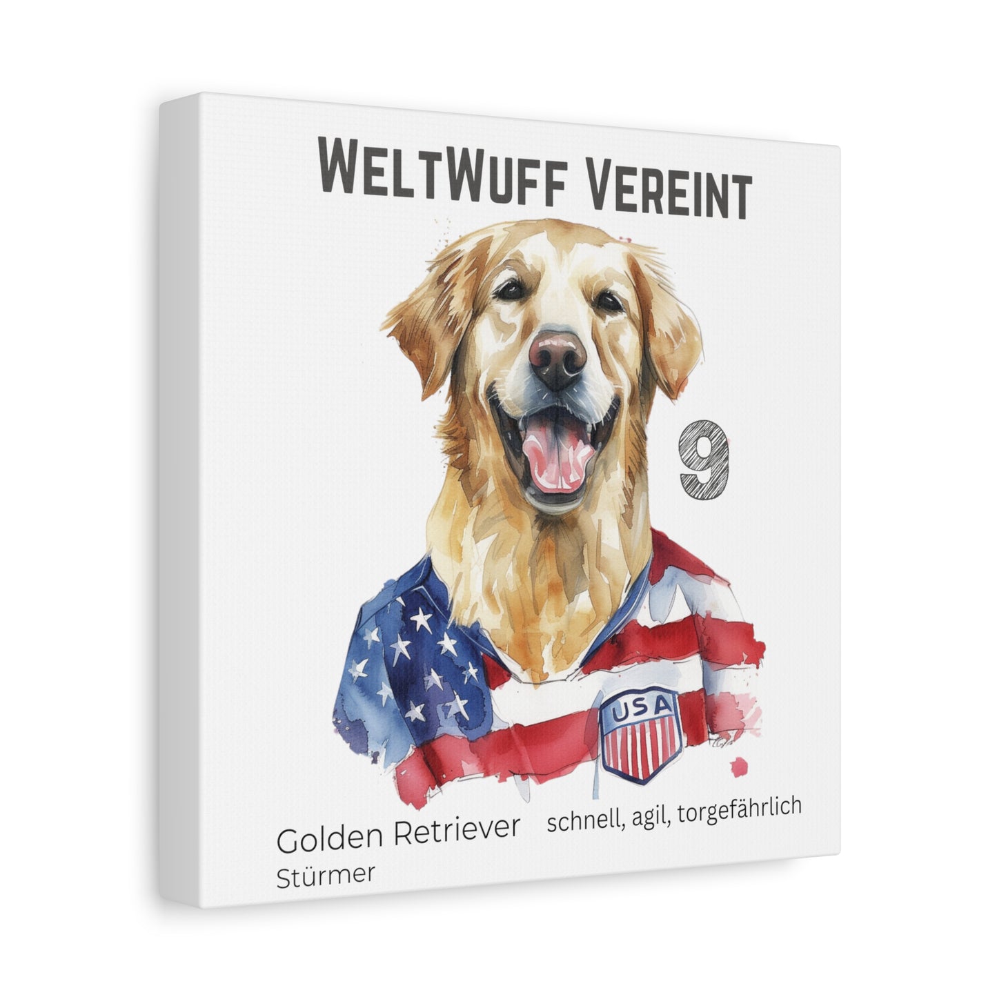 "WeltWuff Vereint" I Anpassbare Leinwand I Kreativer Ausdruck für Hundeliebhaber und Fußballfans I Golden Retriever