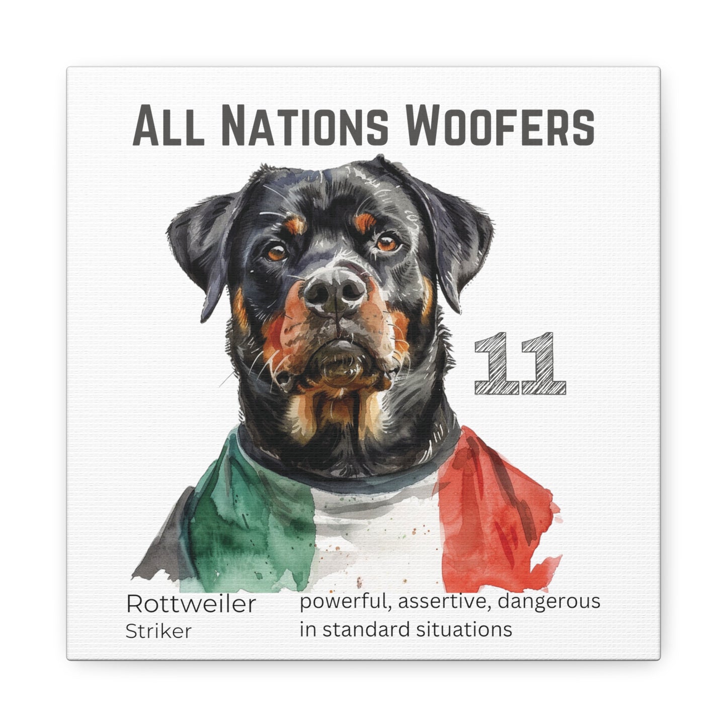 "All Nations Woofers" I Toile personnalisable I Expression créative pour les amoureux des chiens et les fans de football I Rottweiler