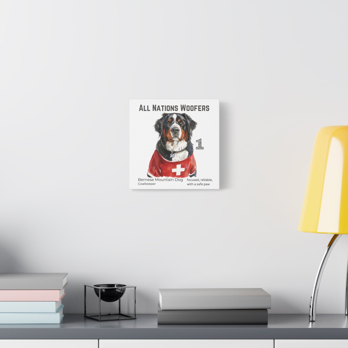 "All Nations Woofers" I Anpassbare Leinwand I Kreativer Ausdruck für Hundeliebhaber und Fußballfans I Bernese Mountain Dog