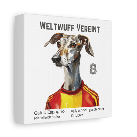 Leinwand Portrait Galgo Espagnol Hund im Fußball Trikot Spanien rot gelb 