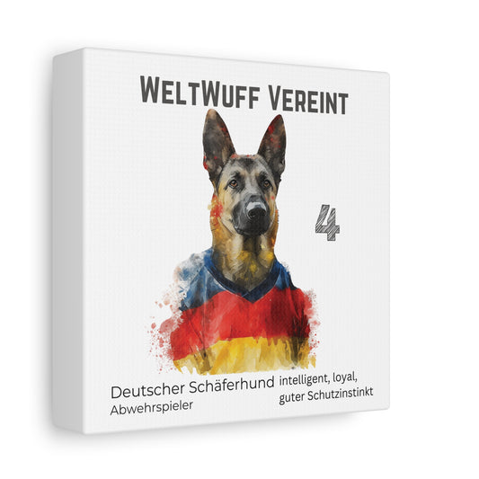 Portrait Schäferhund in Nationaltrikot Deutschland Farben schwarz rot gold