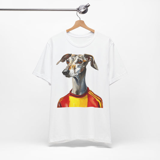 T Shirt mit Motiv Hund im Fußball Trikot Spanien