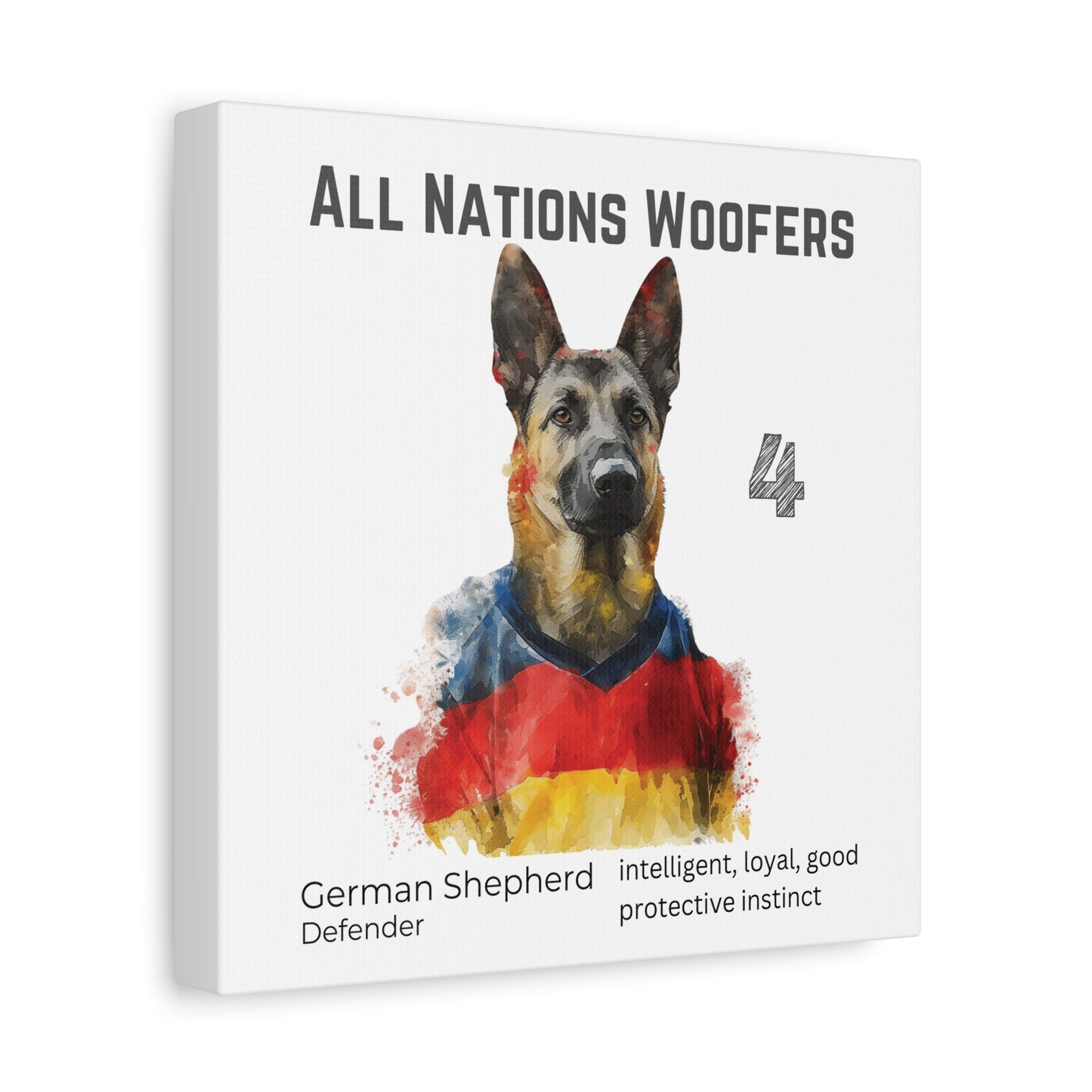 "All Nations Woofers" I Anpassbare Leinwand I Kreativer Ausdruck für Hundeliebhaber und Fußballfans I Deutscher Schäferhund