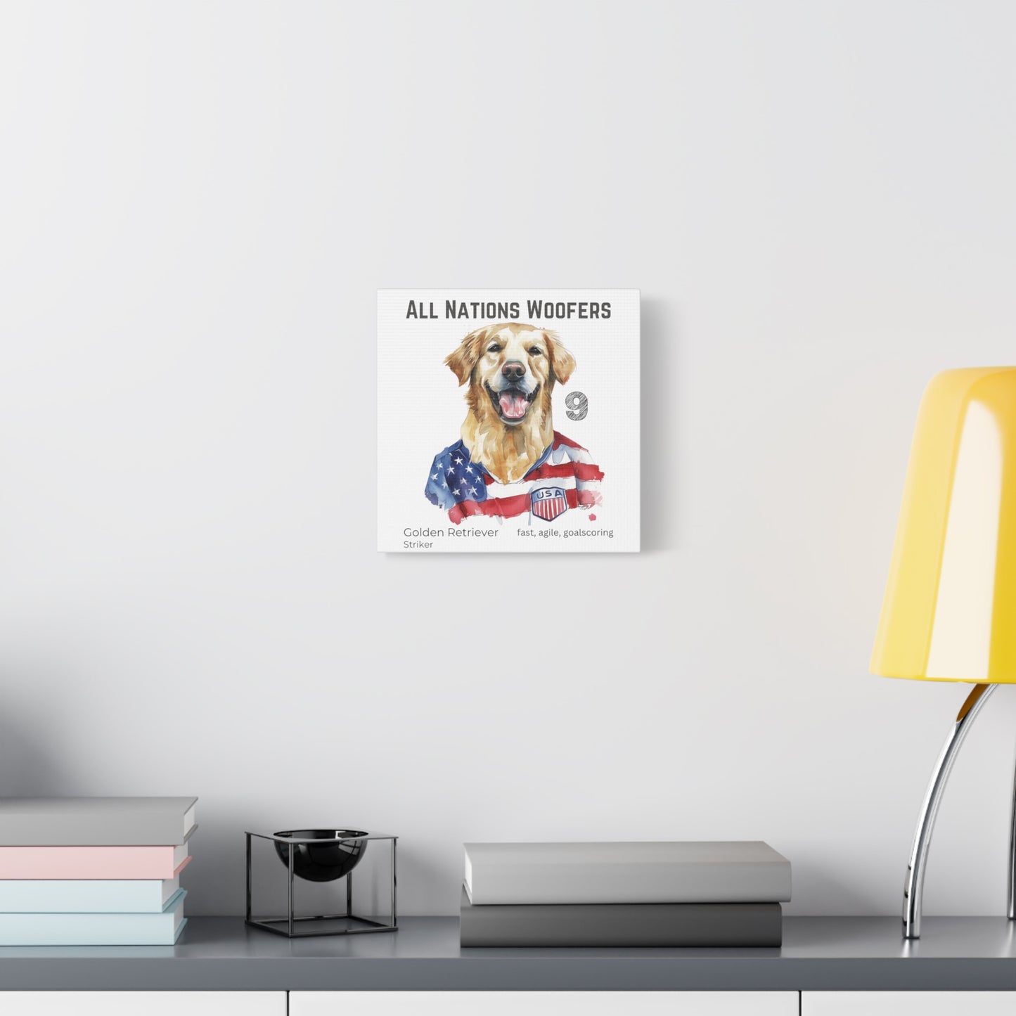 "Woofers All Nations" I Toile personnalisable I Expression créative pour les amoureux des chiens et les fans de football I Golden Retriever