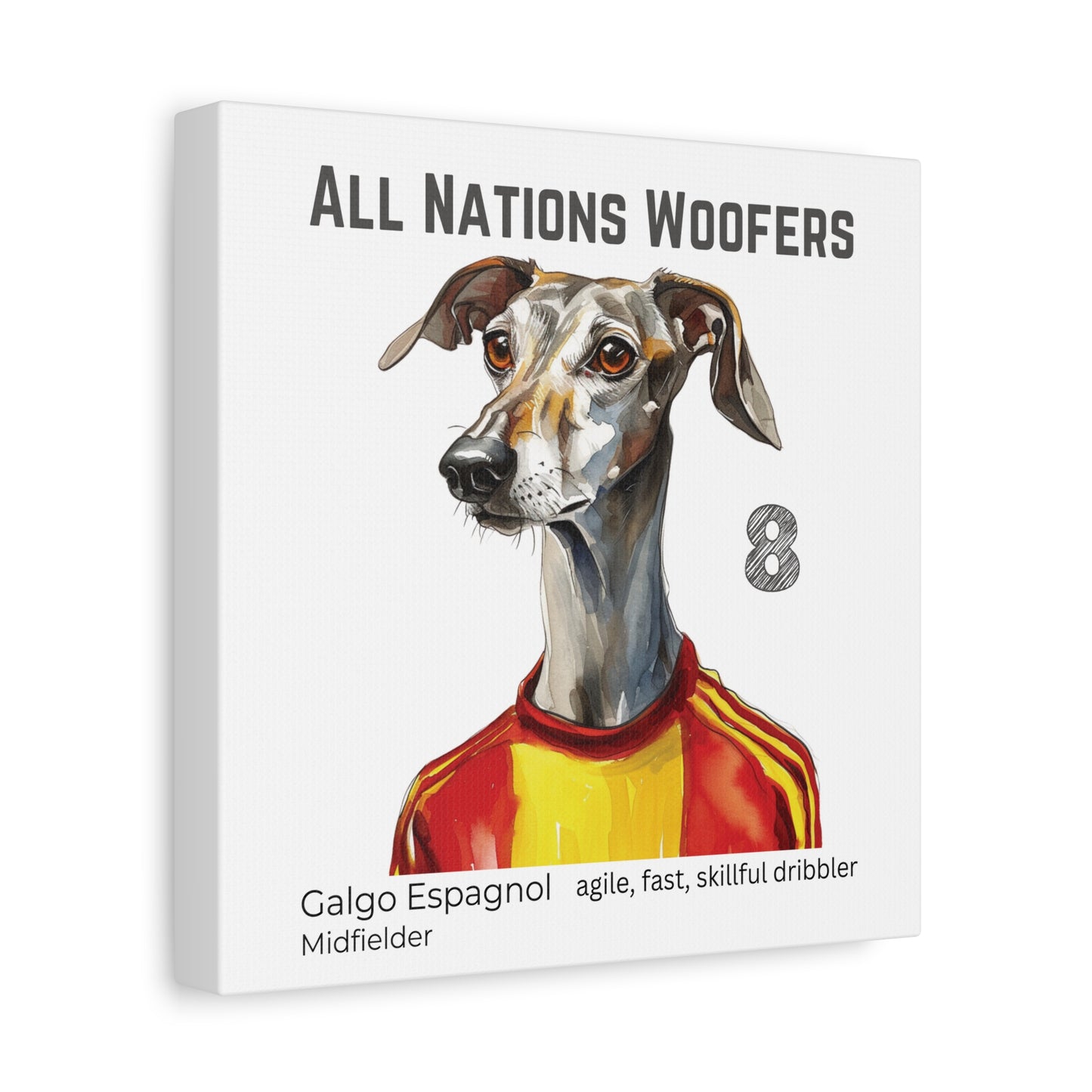 "All Nations Woofers" I Toile personnalisable I Expression créative pour les amoureux des chiens et les fans de football I Galgo Espagnol