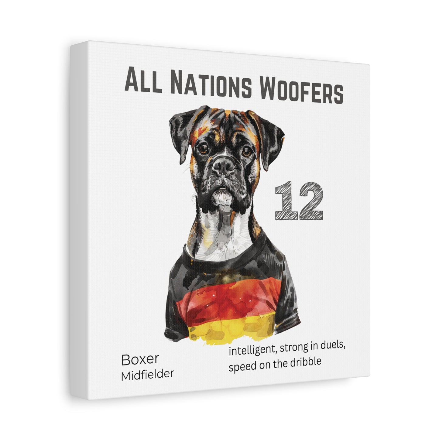 All Nations Woofers I Anpassbare Leinwand I Kreativer Ausdruck für Hundeliebhaber und Fußballfans I Boxer