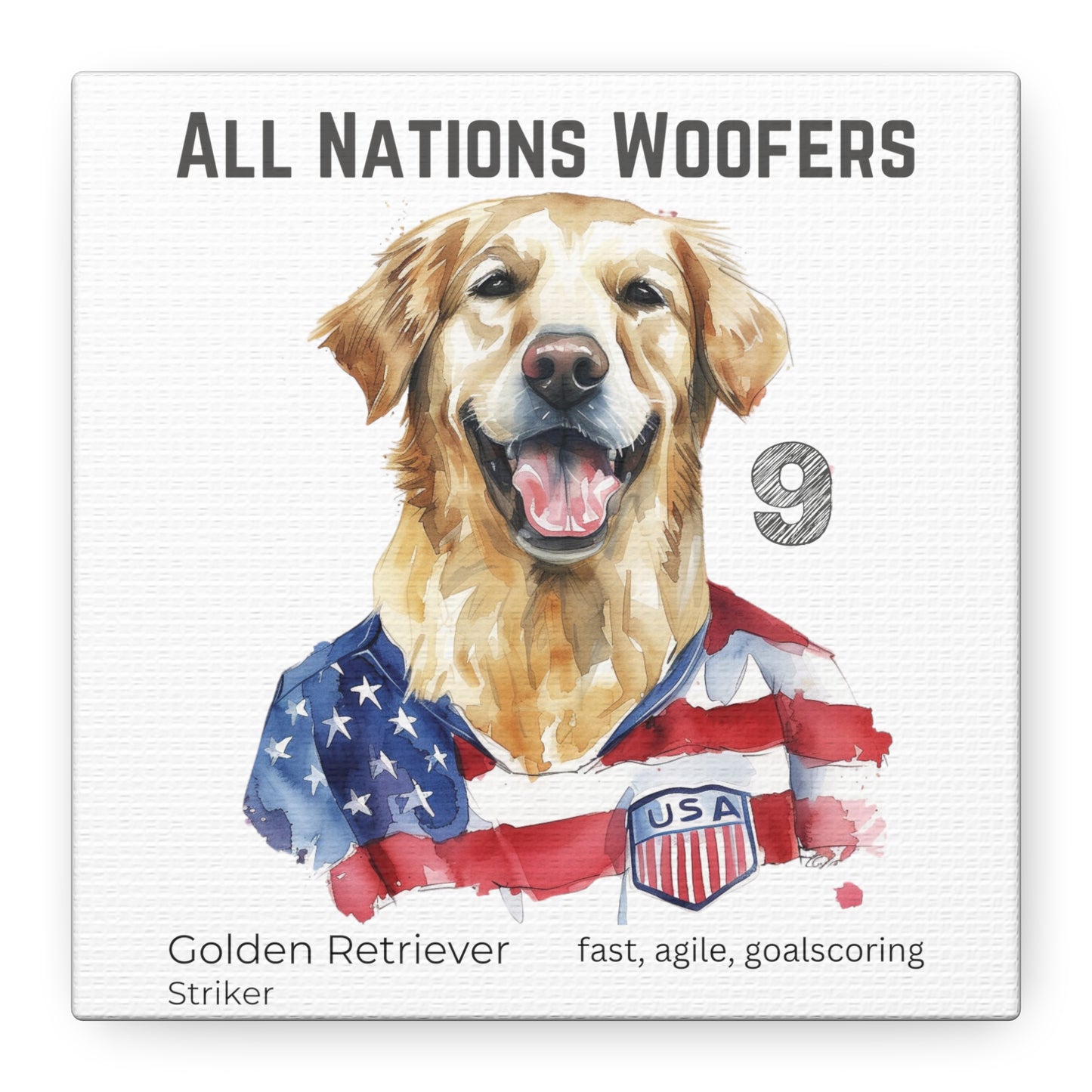 "Woofers All Nations" I Toile personnalisable I Expression créative pour les amoureux des chiens et les fans de football I Golden Retriever