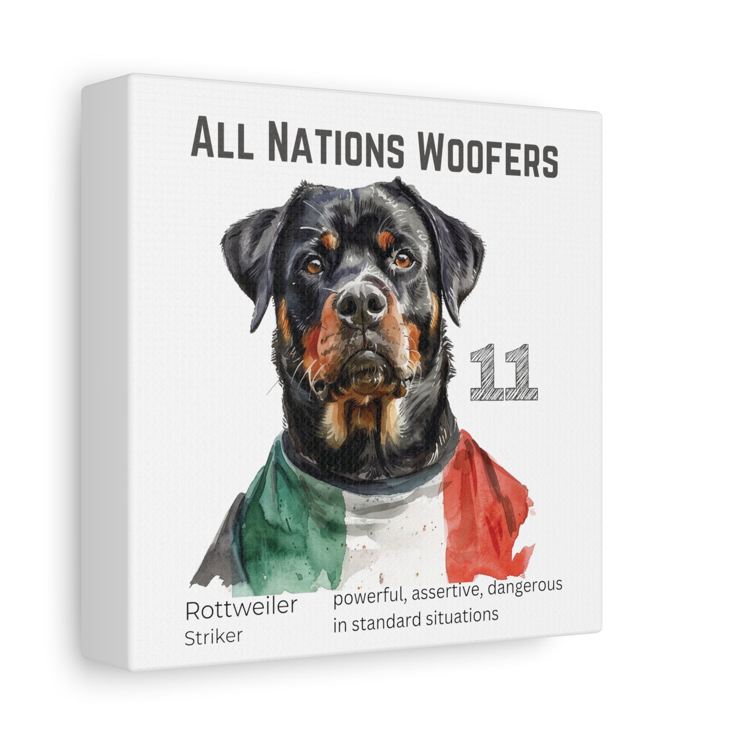 Leinwand Portrait Rottweiler Hund im Fußball Nationalmannschaft Trikot Italien blau weiß rot