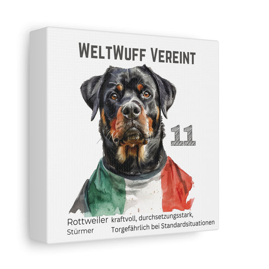 Leinwand Portrait Rottweiler Hund im Fußball Nationalmannschaft Trikot Italien blau weiß rot