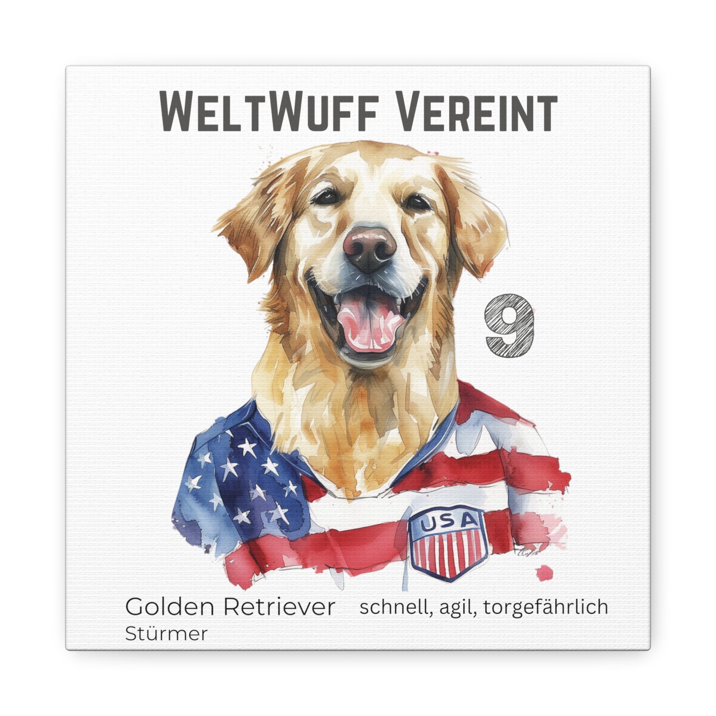 "WeltWuff Vereint" I Anpassbare Leinwand I Kreativer Ausdruck für Hundeliebhaber und Fußballfans I Golden Retriever