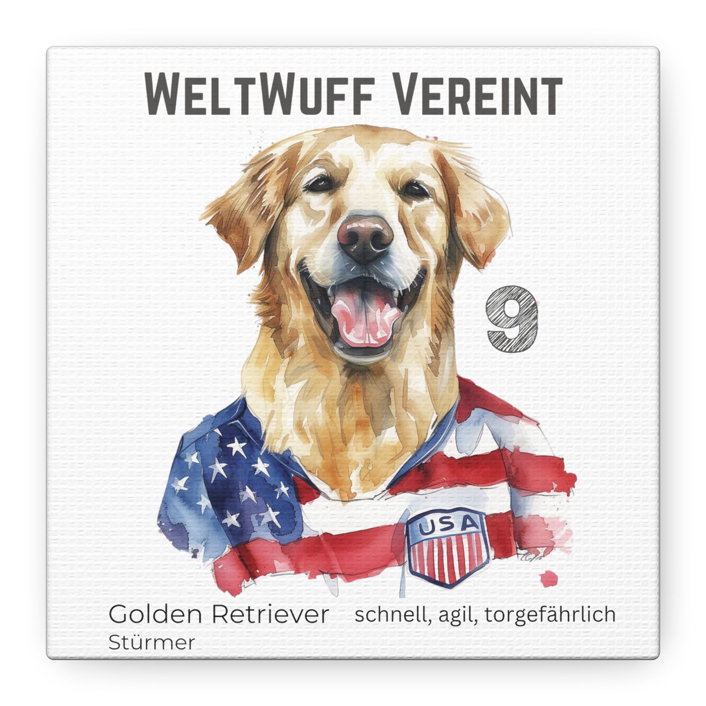 "WeltWuff Vereint" I Anpassbare Leinwand I Kreativer Ausdruck für Hundeliebhaber und Fußballfans I Golden Retriever