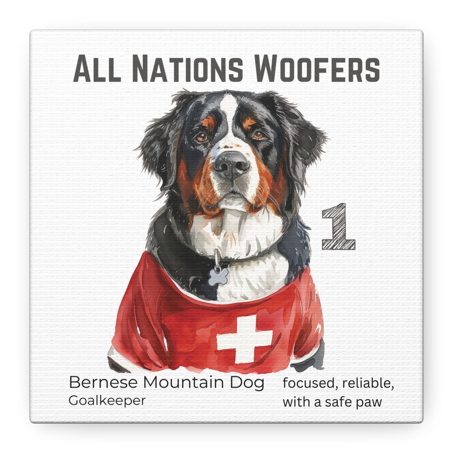 "All Nations Woofers" I Anpassbare Leinwand I Kreativer Ausdruck für Hundeliebhaber und Fußballfans I Bernese Mountain Dog