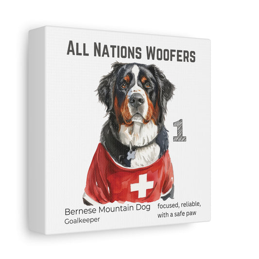 "All Nations Woofers" I Anpassbare Leinwand I Kreativer Ausdruck für Hundeliebhaber und Fußballfans I Bernese Mountain Dog