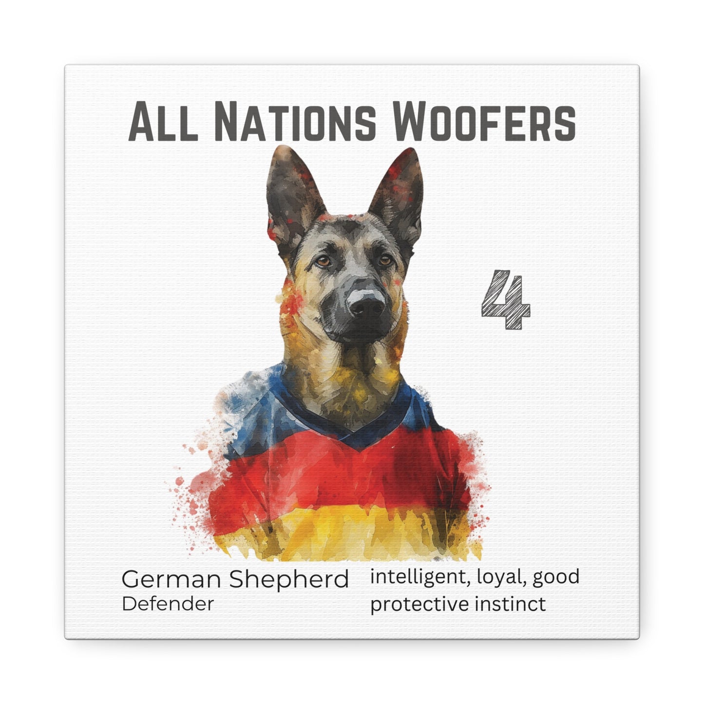 "All Nations Woofers" I Anpassbare Leinwand I Kreativer Ausdruck für Hundeliebhaber und Fußballfans I Deutscher Schäferhund