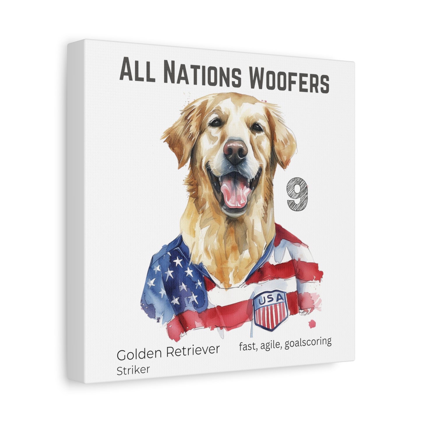 "Woofers All Nations" I Toile personnalisable I Expression créative pour les amoureux des chiens et les fans de football I Golden Retriever